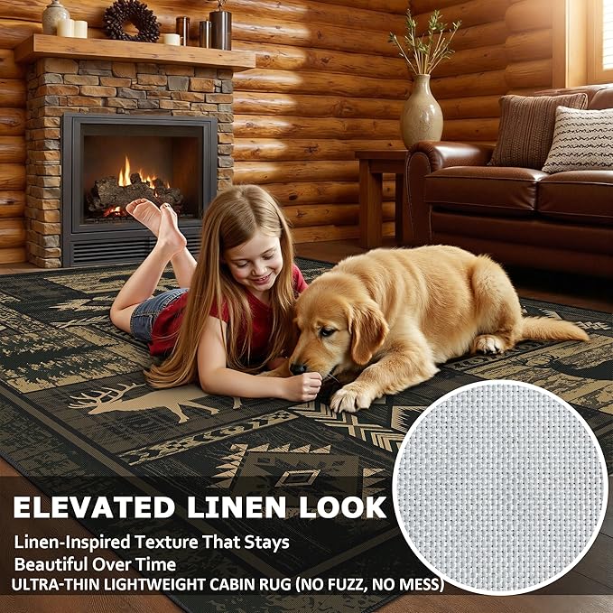 Rustic Bear Cabin Area Rug for Living Room | Washable Non-Slip Western Carpet - Image 2