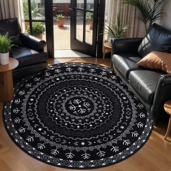 Black Round Rug for Dining Table – Stylish Washable Round Area Rugs for Dining Rooms