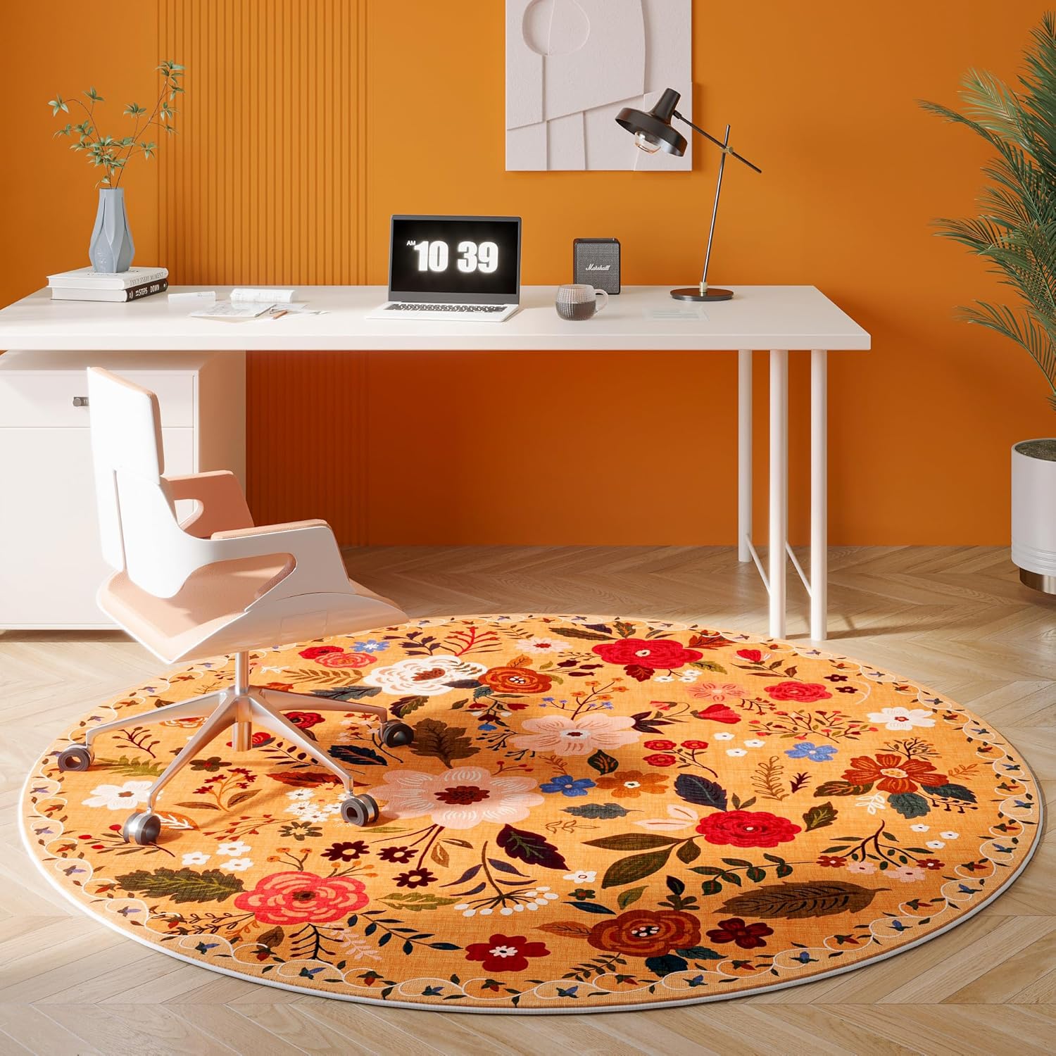 Yellow Boho Floral Round Area Rug 4ft, washable round rugs for bedrooms, non slip round area rug for entryway and bathroom, low pile floral rug for high traffic areas, yellow round rug for boho home décor, small round rug for college dorm rooms, washable circle rug, boho floral area rug, round rug for kids room, round rug for nursery, decorative yellow area rug, washable bedroom rug, non slip circle rug, modern boho rugs, floral round area rugs