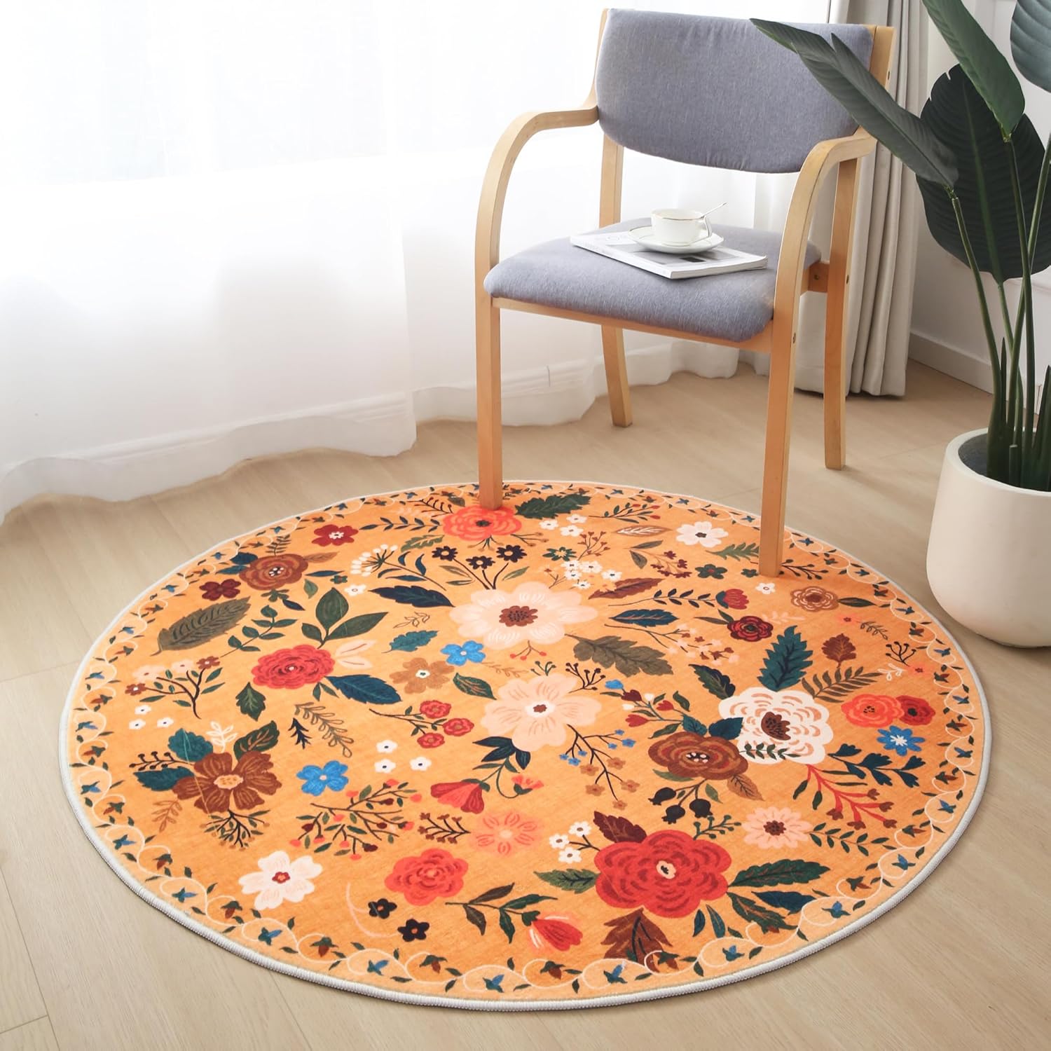 Yellow Boho Floral Round Area Rug 4ft, washable round rugs for bedrooms, non slip round area rug for entryway and bathroom, low pile floral rug for high traffic areas, yellow round rug for boho home décor, small round rug for college dorm rooms, washable circle rug, boho floral area rug, round rug for kids room, round rug for nursery, decorative yellow area rug, washable bedroom rug, non slip circle rug, modern boho rugs, floral round area rugs