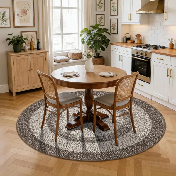 round rug under rectangular dining table, can you put a round rug under a rectangular dining table, best round rug size for rectangular dining table, large round rug under rectangular dining table, 8 foot round rug for rectangular dining table, 10 foot round rug for large dining table, washable round rugs for dining room, non slip round rug for dining table, round area rug for dining room, low pile dining room rug, modern dining room rugs, oversized round rugs, dining room decorating ideas, round rug placement, dining table rug guide