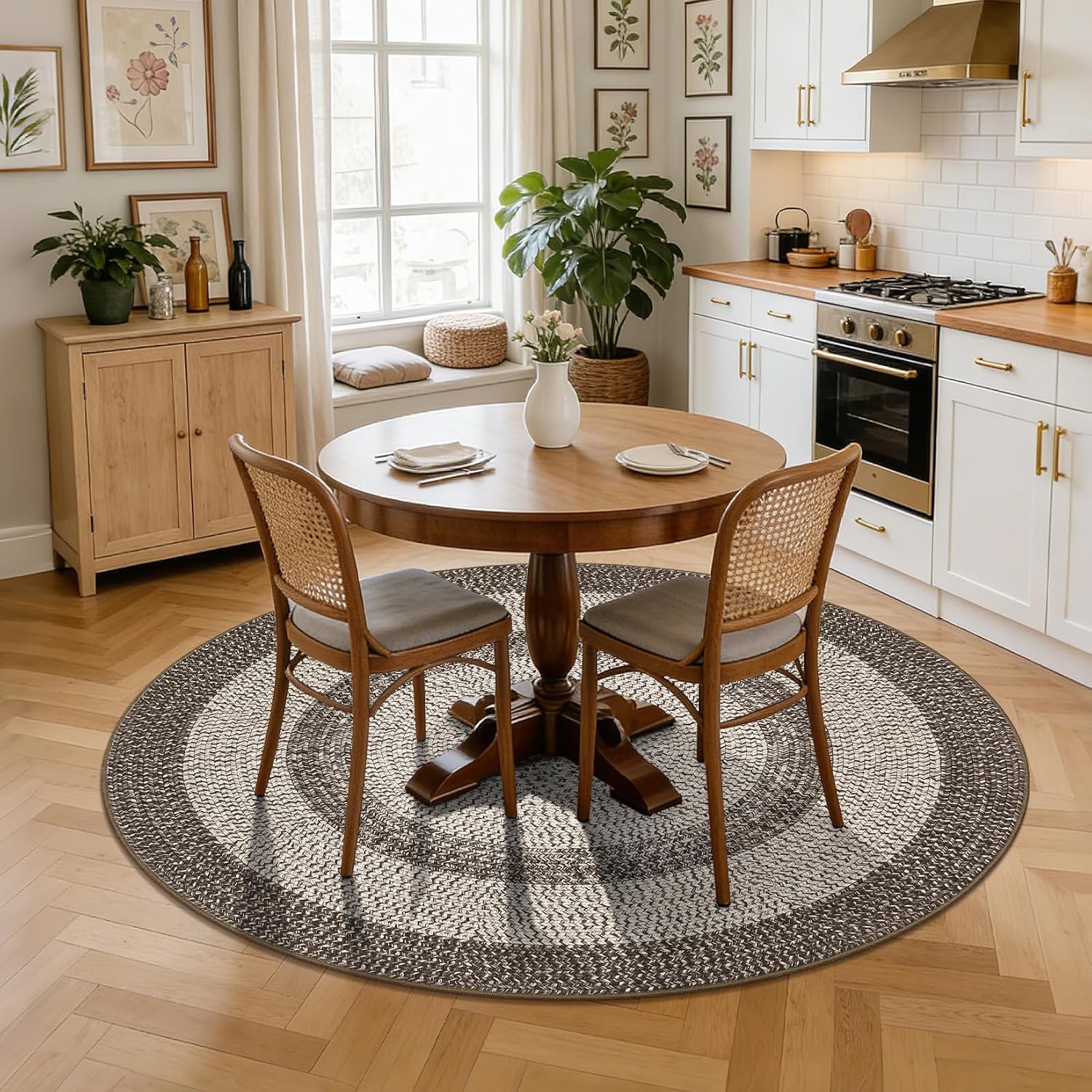round rug under rectangular dining table, can you put a round rug under a rectangular dining table, best round rug size for rectangular dining table, large round rug under rectangular dining table, 8 foot round rug for rectangular dining table, 10 foot round rug for large dining table, washable round rugs for dining room, non slip round rug for dining table, round area rug for dining room, low pile dining room rug, modern dining room rugs, oversized round rugs, dining room decorating ideas, round rug placement, dining table rug guide