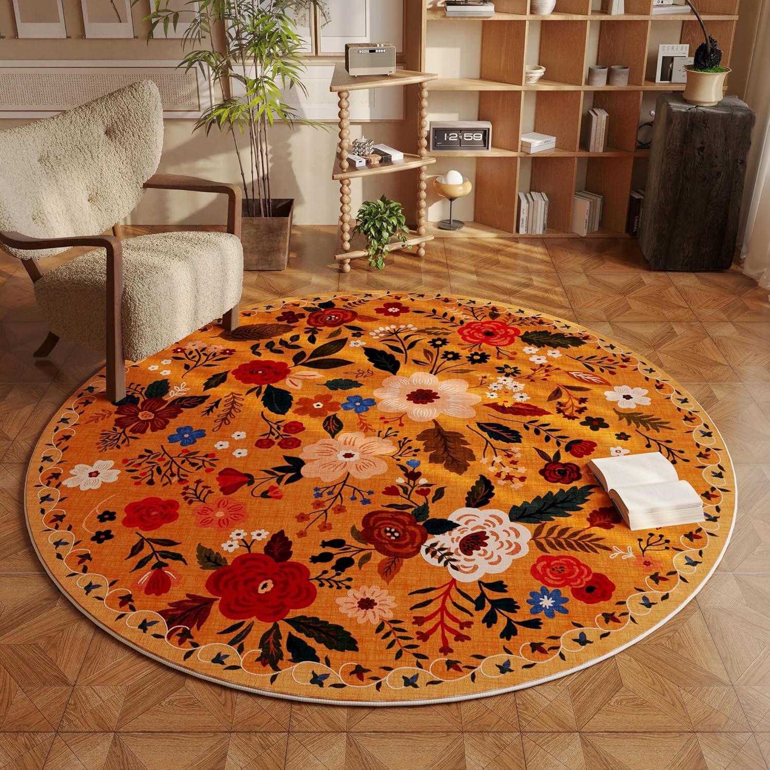 Yellow Boho Floral Round Area Rug 4ft, washable round rugs for bedrooms, non slip round area rug for entryway and bathroom, low pile floral rug for high traffic areas, yellow round rug for boho home décor, small round rug for college dorm rooms, washable circle rug, boho floral area rug, round rug for kids room, round rug for nursery, decorative yellow area rug, washable bedroom rug, non slip circle rug, modern boho rugs, floral round area rugs
