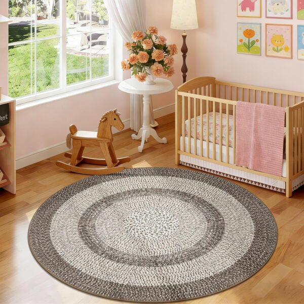 round rug under rectangular dining table, can you put a round rug under a rectangular dining table, best round rug size for rectangular dining table, large round rug under rectangular dining table, 8 foot round rug for rectangular dining table, 10 foot round rug for large dining table, washable round rugs for dining room, non slip round rug for dining table, round area rug for dining room, low pile dining room rug, modern dining room rugs, oversized round rugs, dining room decorating ideas, round rug placement, dining table rug guide