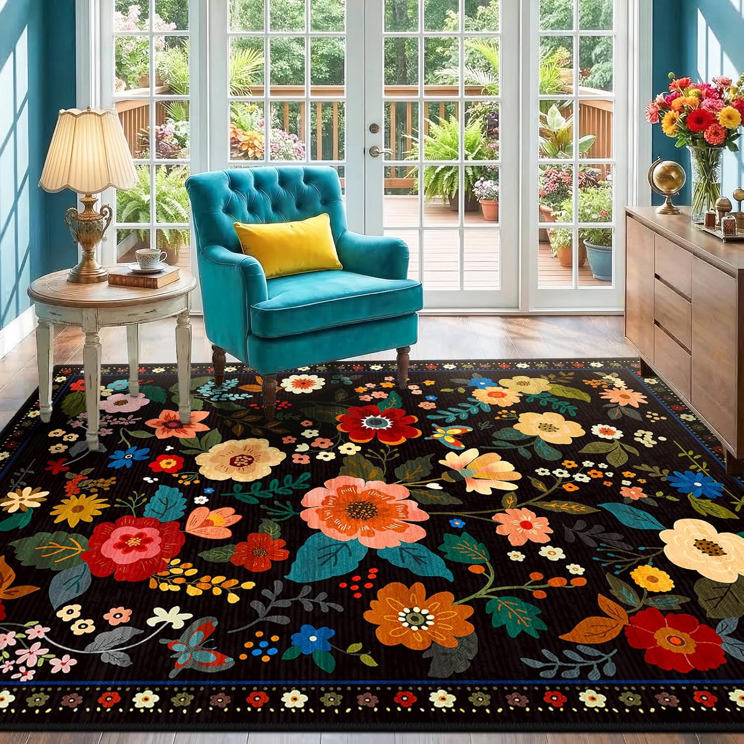 Low pile boho rug for hardwood floors in a small home